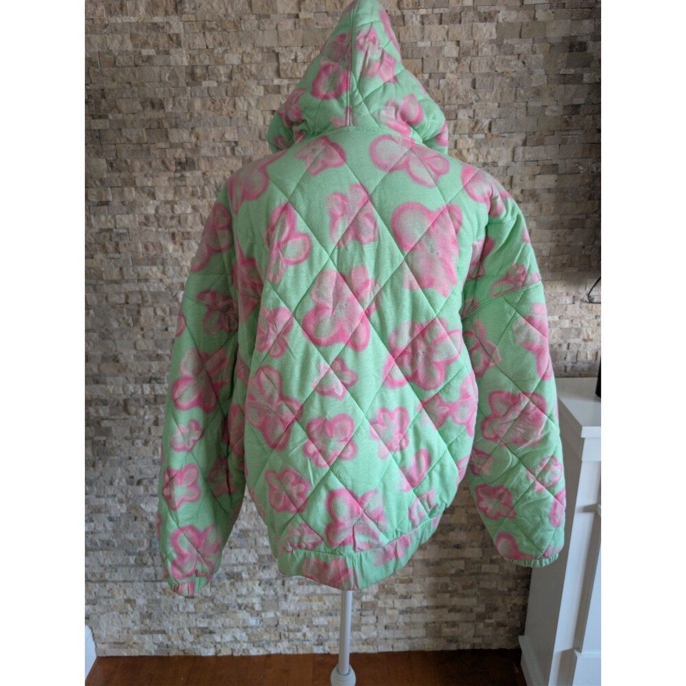 Mint Green Pink Floral Quilted Hooded Puffer Statement Jacket Zip Up Size L - Picture 3 of 11